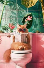 Funny Cat on Toilet Canvas Poster – Bathroom Wall Art Print
