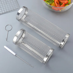 Stainless Steel Rolling BBQ Basket Set – Mesh Grill Cylinder with Wooden Handle