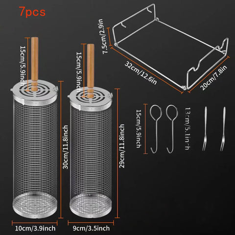 Stainless Steel Rolling BBQ Basket Set – Mesh Grill Cylinder with Wooden Handle