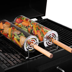 Stainless Steel Rolling BBQ Basket Set – Mesh Grill Cylinder with Wooden Handle
