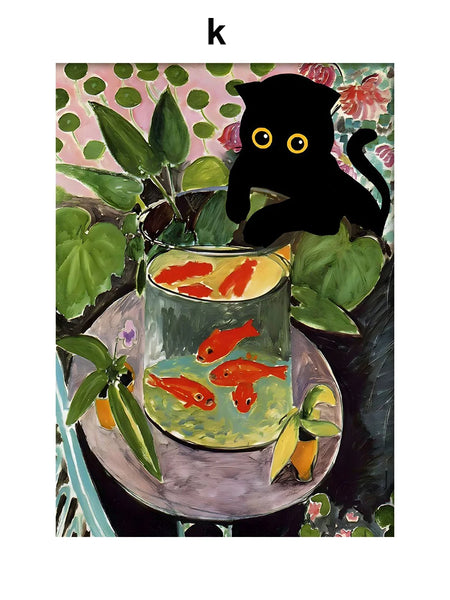 Funny Art Canvas Prints – Matisse, Monet & Van Gogh Inspired with Black Cat & Sunflowers